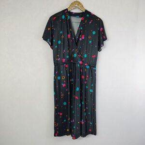 Vintage 80s Homemade Womens Black Geometric Faux Wrap Midi Dress Memphis Pop Art